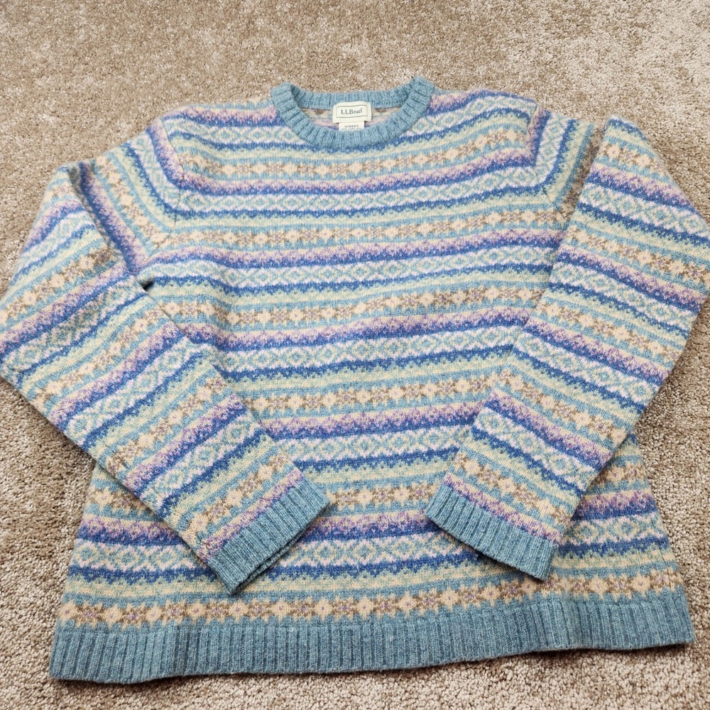 LL Bean Womens Small Blue Fair Isle Lambswool Crewneck Sweater 0YU16 Pullover